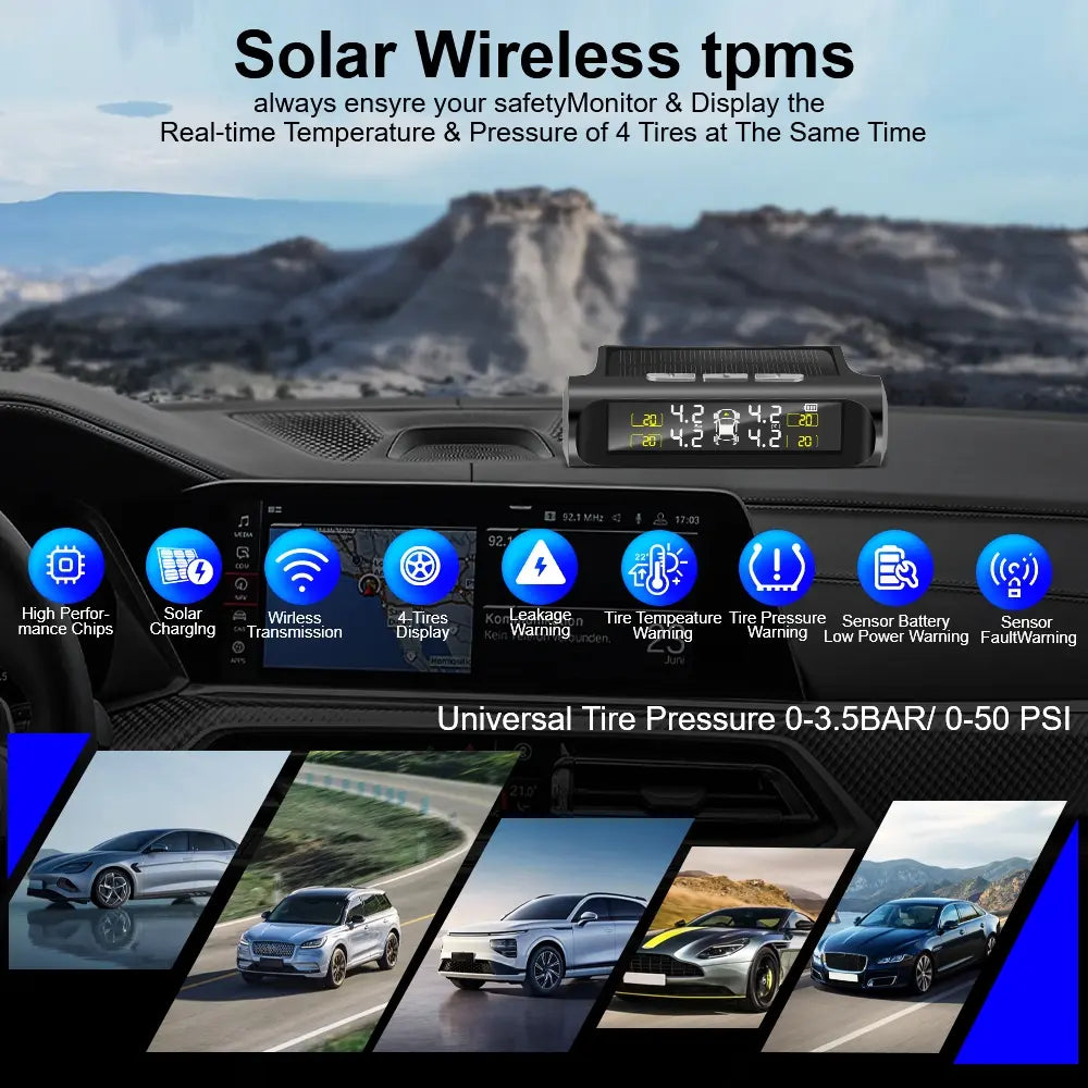 Auto Vehicle Security Alarm Systems Car TPMS Tyre Pressure Monitoring System Solar Power Digital LCD Display Tyre Pressure