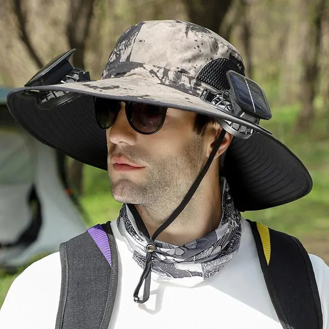 Solar Fan Hat, Wide Brim Sun Hat with 2 Solar Fan, Hat with Solar Fans Built in, Fishing Hat with Fan for Men, Waterproof Outdoor Hiking Camping Fishing Hat Grey
