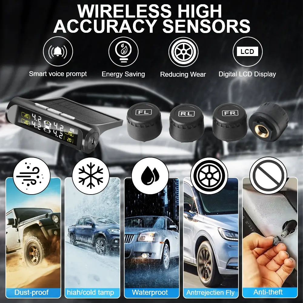 Auto Vehicle Security Alarm Systems Car TPMS Tyre Pressure Monitoring System Solar Power Digital LCD Display Tyre Pressure