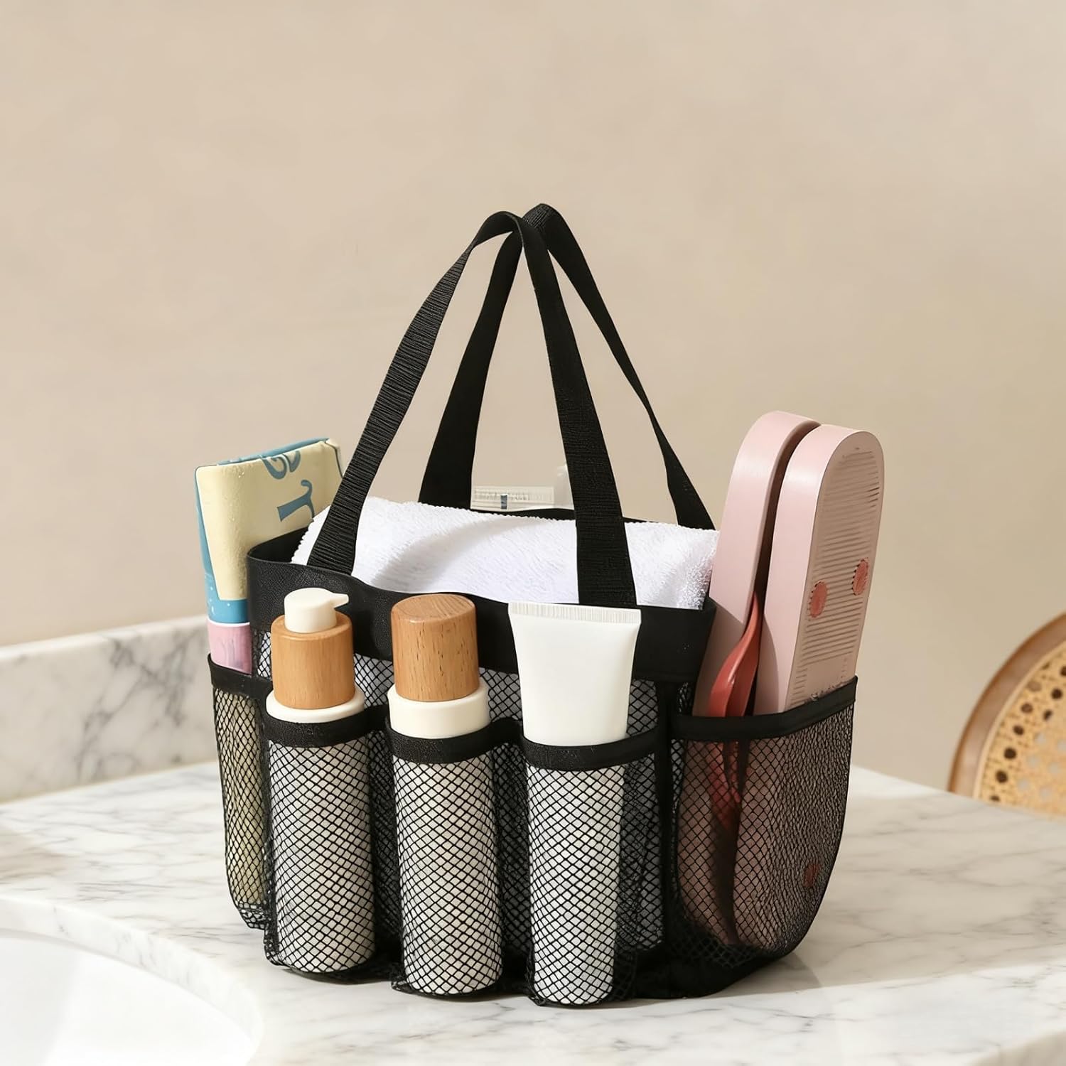 Mesh Shower Caddy - 8 Storage Pockets Freestanding & Portable | Quick Dry Hanging Organizer for Dorm/Gym/Travel/Bathroom, Holds Toiletry Essentials