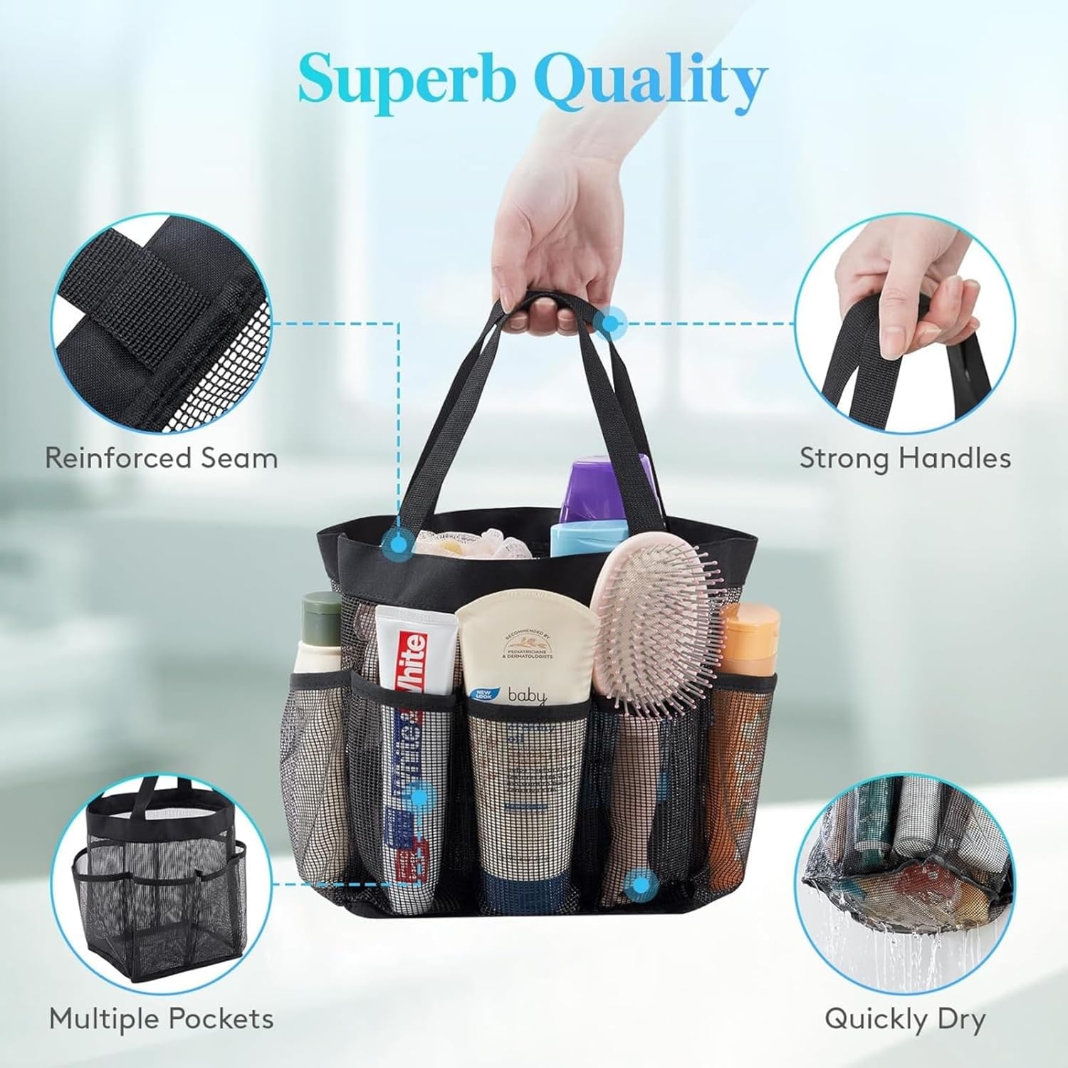 Mesh Shower Caddy - 8 Storage Pockets Freestanding & Portable | Quick Dry Hanging Organizer for Dorm/Gym/Travel/Bathroom, Holds Toiletry Essentials