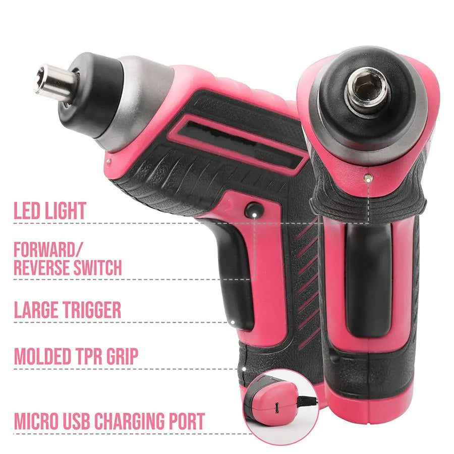35pc Pink Tool Kit With 3.6V USB Electric Screwdriver And Drill Set. Complete Women Tool Set