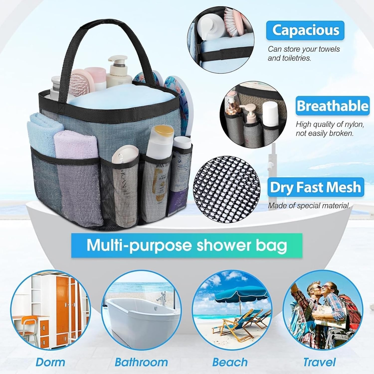 Mesh Shower Caddy - 8 Storage Pockets Freestanding & Portable | Quick Dry Hanging Organizer for Dorm/Gym/Travel/Bathroom, Holds Toiletry Essentials