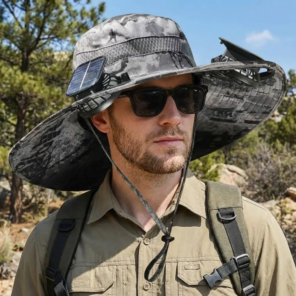 Solar Fan Hat, Wide Brim Sun Hat with 2 Solar Fan, Hat with Solar Fans Built in, Fishing Hat with Fan for Men, Waterproof Outdoor Hiking Camping Fishing Hat Grey