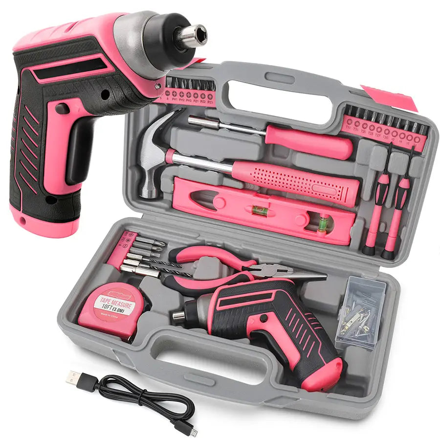 35pc Pink Tool Kit With 3.6V USB Electric Screwdriver And Drill Set. Complete Women Tool Set