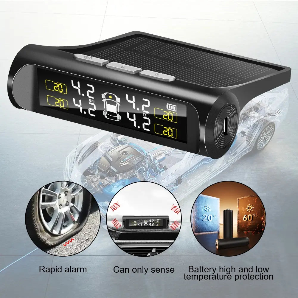 Auto Vehicle Security Alarm Systems Car TPMS Tyre Pressure Monitoring System Solar Power Digital LCD Display Tyre Pressure