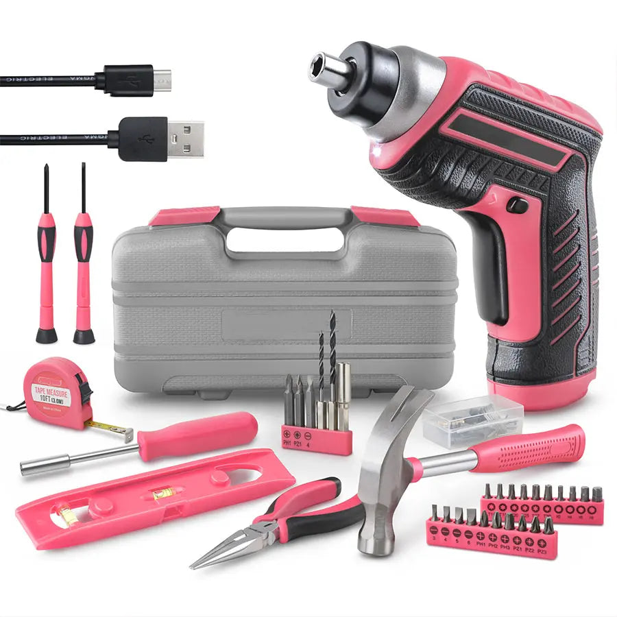 35pc Pink Tool Kit With 3.6V USB Electric Screwdriver And Drill Set. Complete Women Tool Set