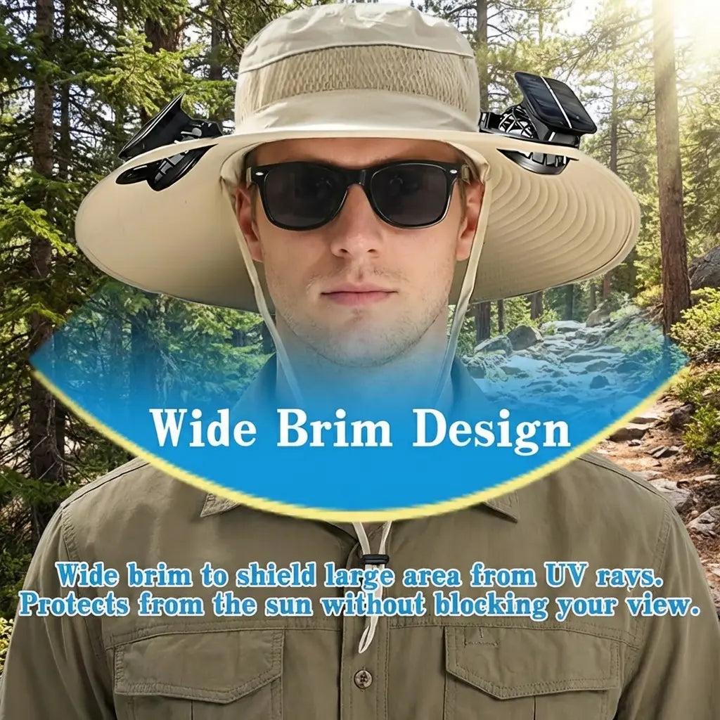Solar Fan Hat, Wide Brim Sun Hat with 2 Solar Fan, Hat with Solar Fans Built in, Fishing Hat with Fan for Men, Waterproof Outdoor Hiking Camping Fishing Hat Grey